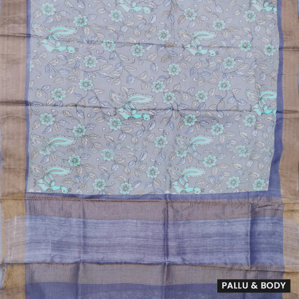 Pure Tussar Silk Saree Gray Shade And Dark Blue With Floral Design and Painted Prints and Zari Woven Border