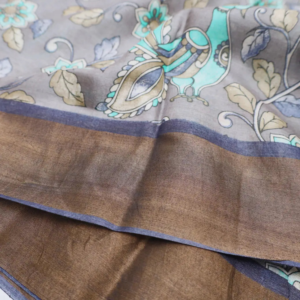 Pure Tussar Silk Saree Gray Shade And Dark Blue With Floral Design and Painted Prints and Zari Woven Border