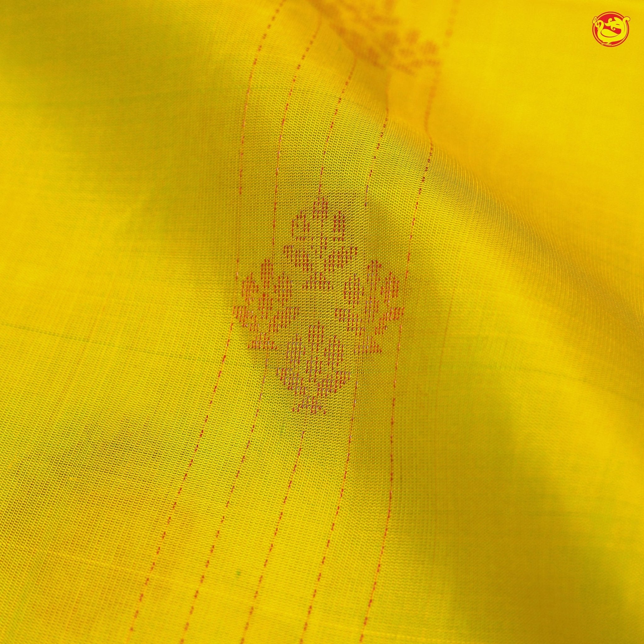 Mustard Yellow With Bottle Green Striped and Floral Motifs Copper Zari Pure Kanjivaram Soft Silk Saree - Thenianantham