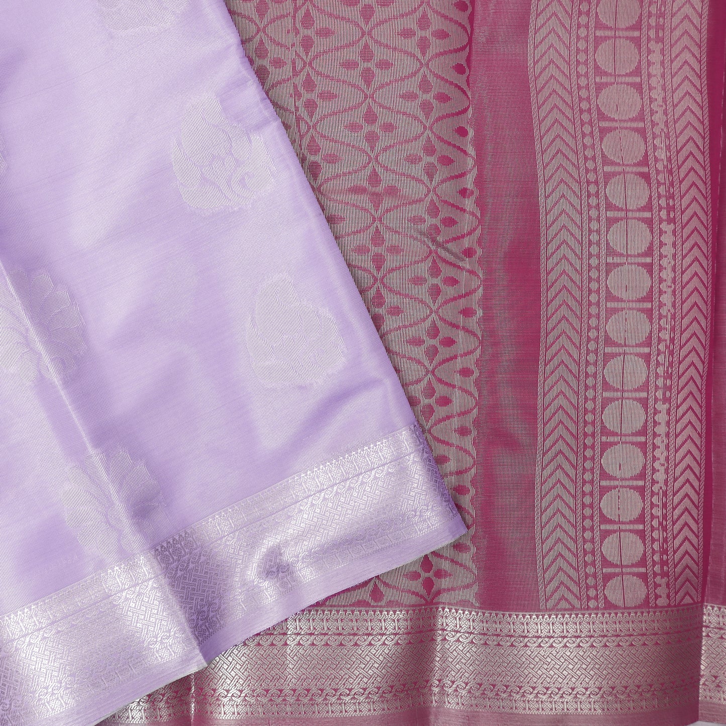Couple Combo Tissue Silk Set – Men’s Shirt & Dhoti with Matching Women’s Saree With Lavender Colour With Silver Zari Border