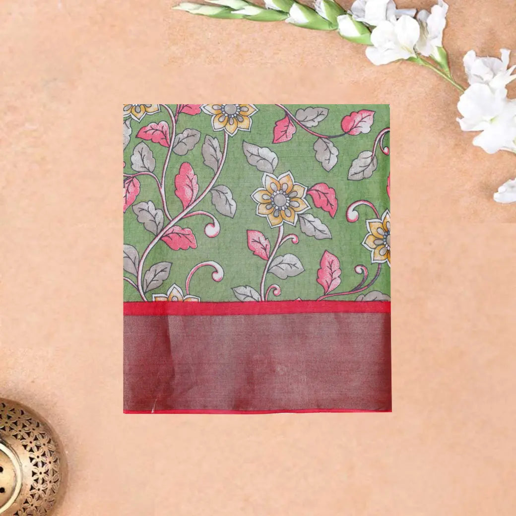 Pure Tussar Silk Saree Light Green Shade And Dark Red With Floral Design and Painted Prints and Zari Woven Border