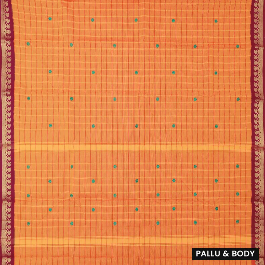 Mustard Yellow-Orange with Maroon Checked Pattern Pure Chettinad Cotton Saree without Blouse