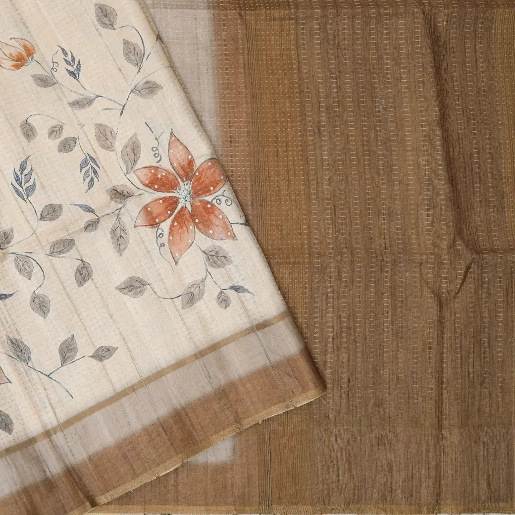 Off white with Brown floral design Semi Chanderi Silk Saree
