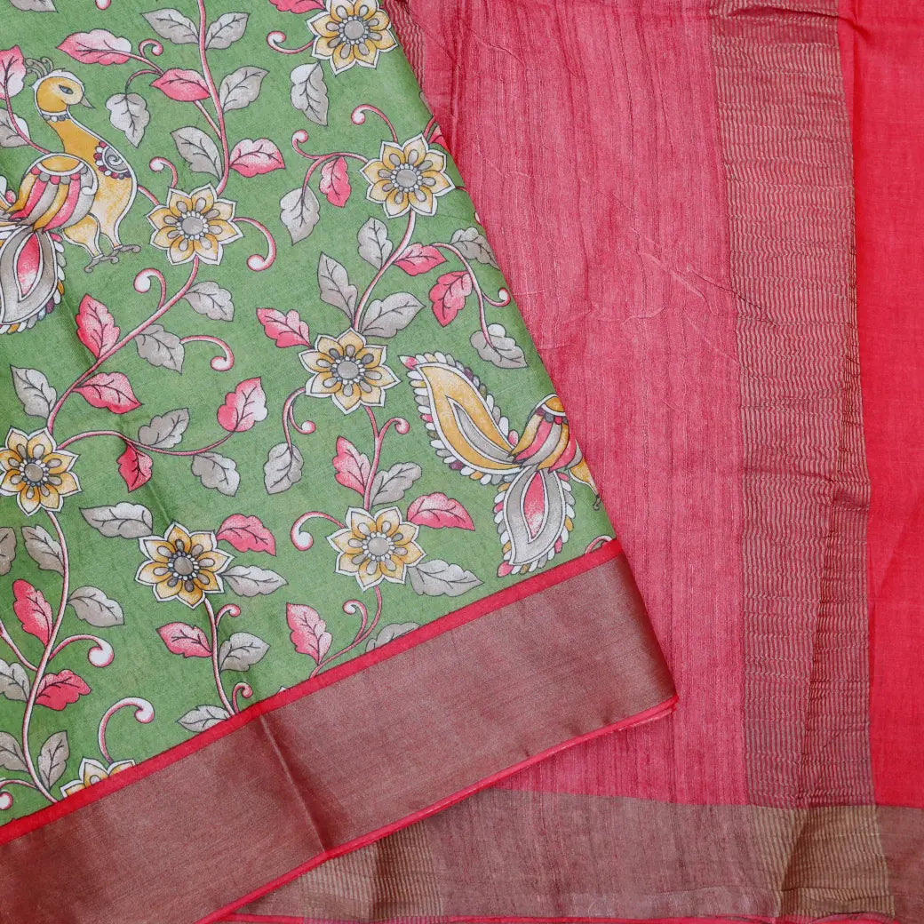 Pure Tussar Silk Saree Light Green Shade And Dark Red With Floral Design and Painted Prints and Zari Woven Border