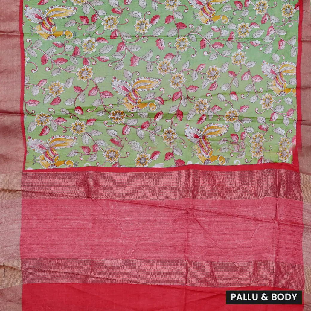 Pure Tussar Silk Saree Light Green Shade And Dark Red With Floral Design and Painted Prints and Zari Woven Border