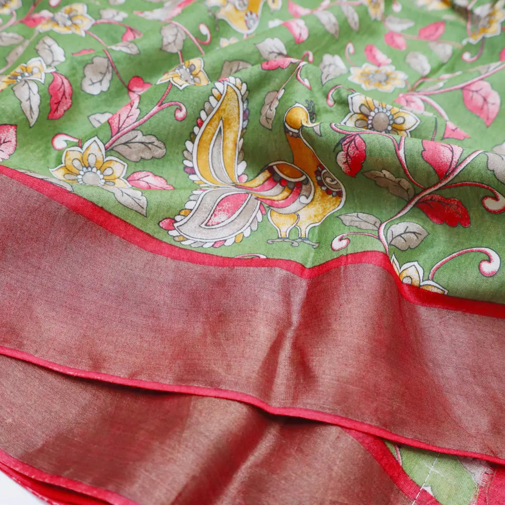 Pure Tussar Silk Saree Light Green Shade And Dark Red With Floral Design and Painted Prints and Zari Woven Border