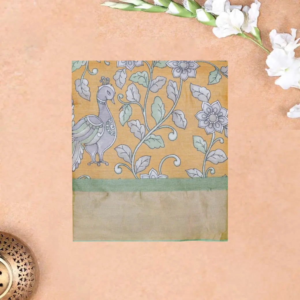 Pure Tussar Silk Saree Mustard Yellow Shade And Light Green With Floral Design and Painted Prints and Zari Woven Border