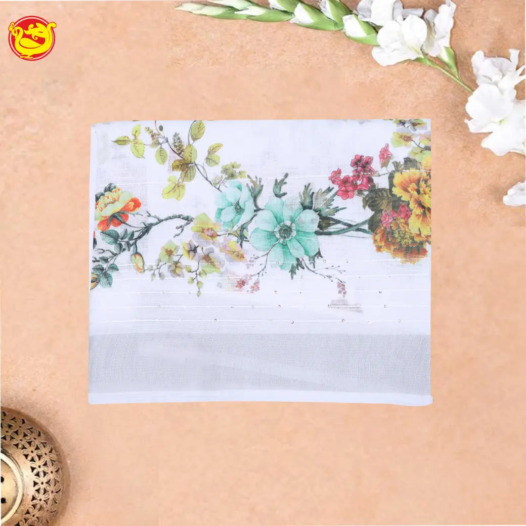 White Floral Digital Printed Linen Saree