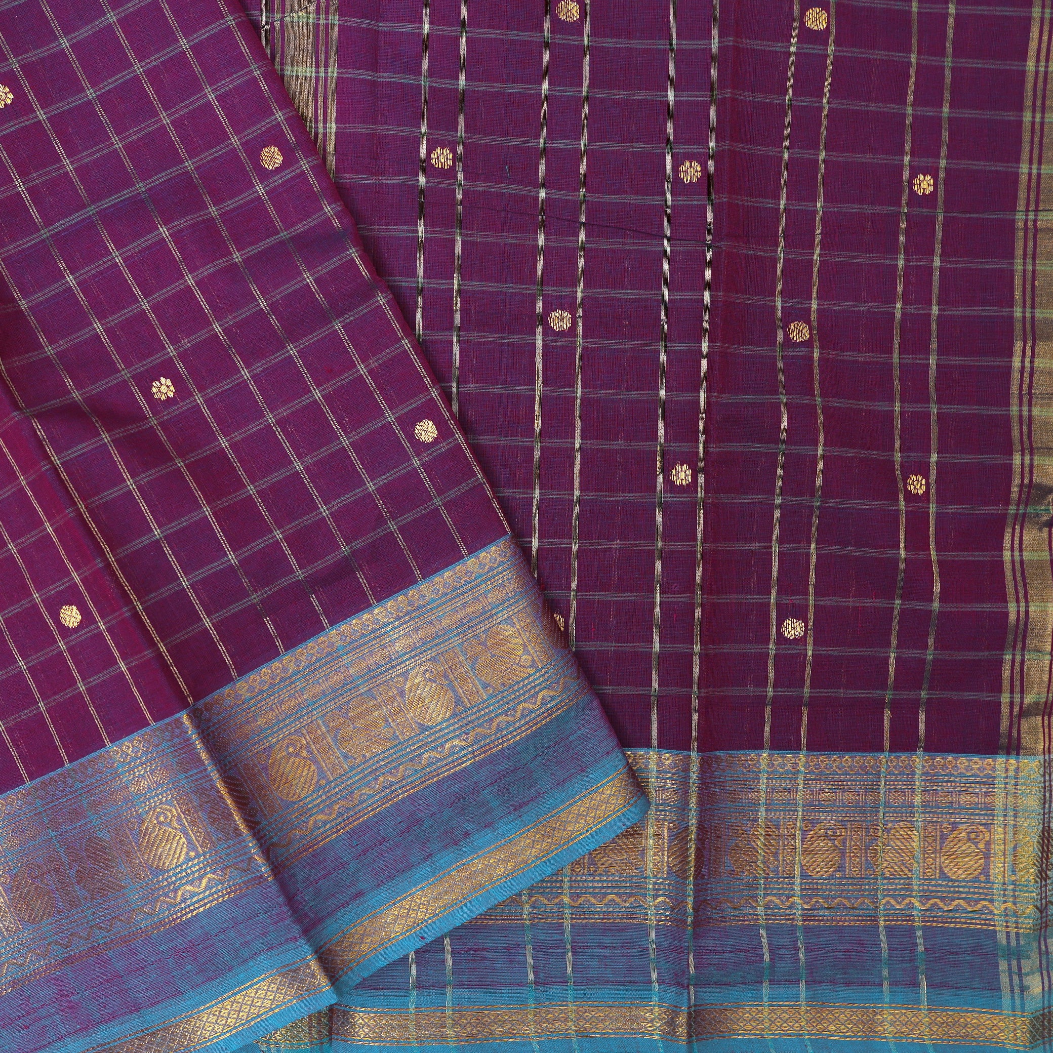 Dark Purple With Blue Pure Cotton Saree without Blous