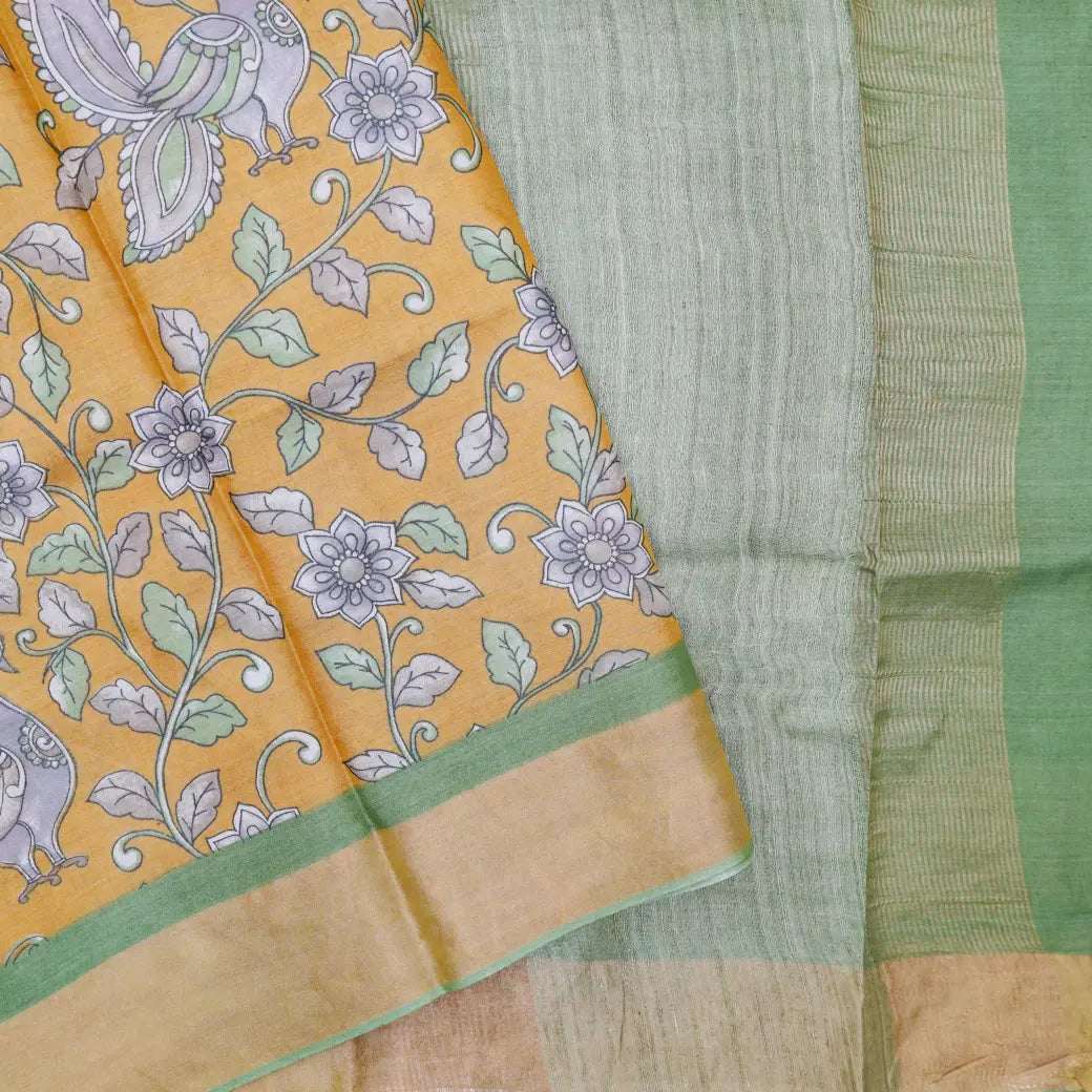 Pure Tussar Silk Saree Mustard Yellow Shade And Light Green With Floral Design and Painted Prints and Zari Woven Border