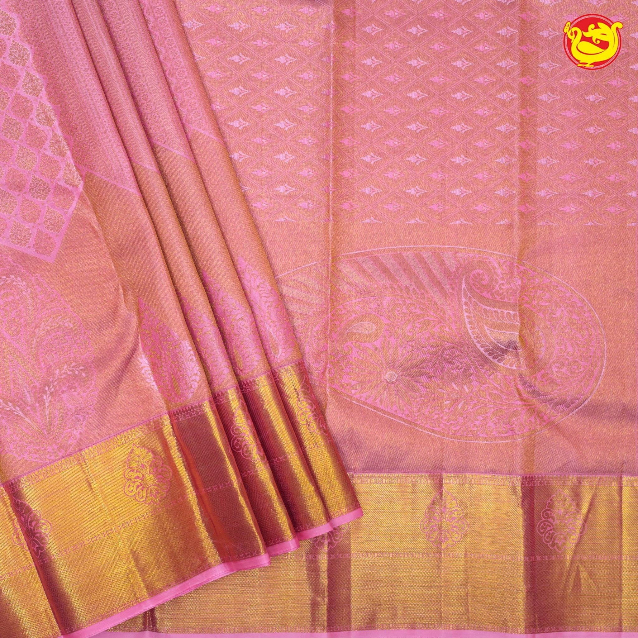 Peachish pink with light pink pure kanjivaram silk saree - Thenianantham