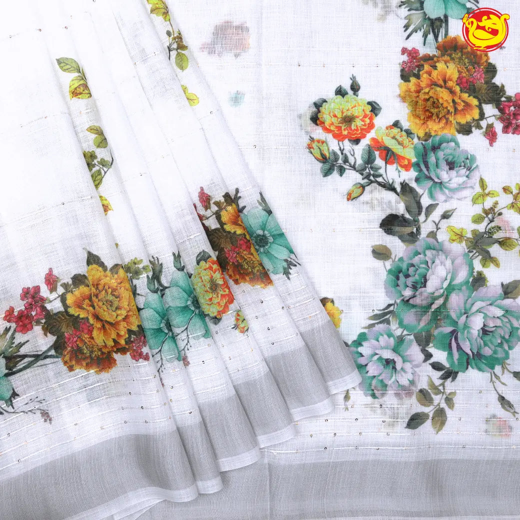 White Floral Digital Printed Linen Saree