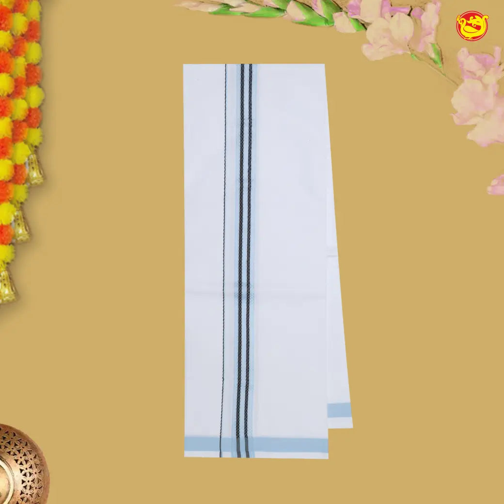 Ultramarine blue With White Printed Cotton Readymade Shirt And Matching Border Dhoti Set for Men