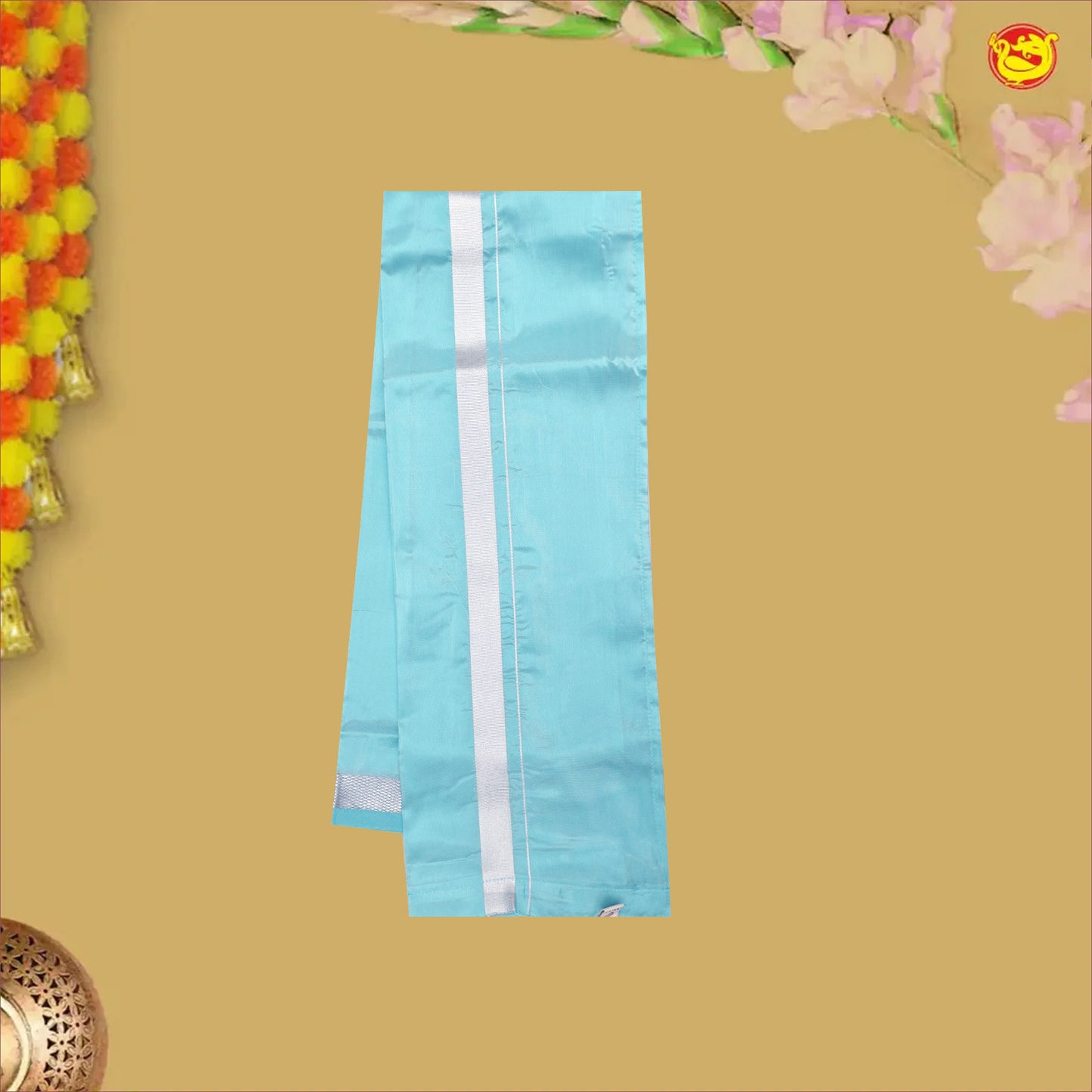 Cyan Blue Tissue Boy’s Readymade Shirt And Dhoti Set