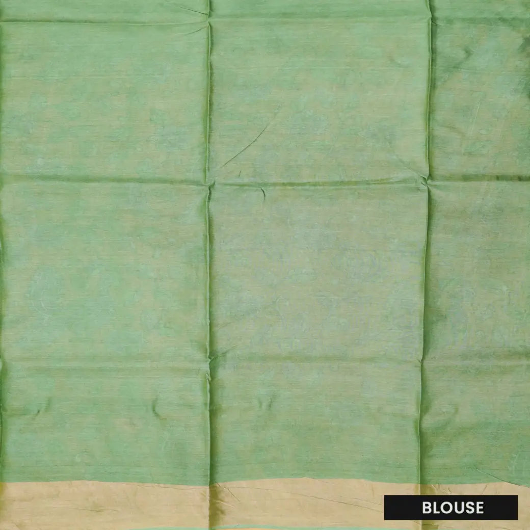 Pure Tussar Silk Saree Mustard Yellow Shade And Light Green With Floral Design and Painted Prints and Zari Woven Border