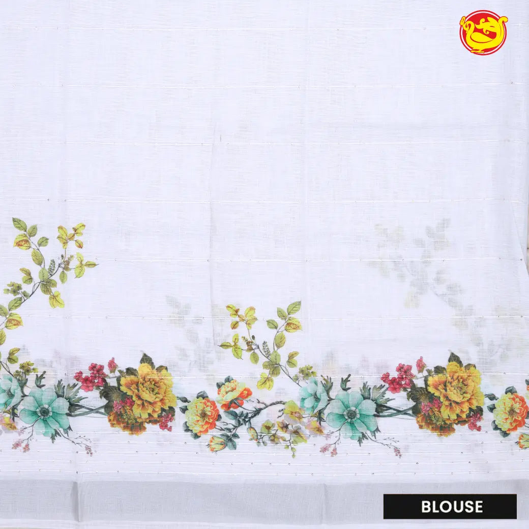 White Floral Digital Printed Linen Saree