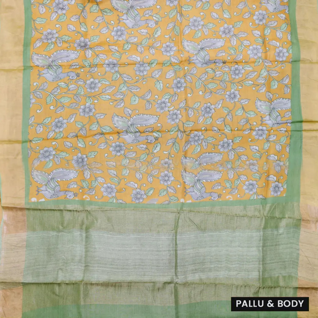 Pure Tussar Silk Saree Mustard Yellow Shade And Light Green With Floral Design and Painted Prints and Zari Woven Border