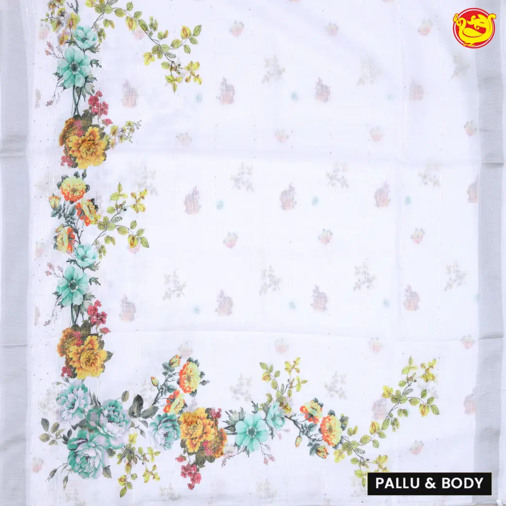 White Floral Digital Printed Linen Saree