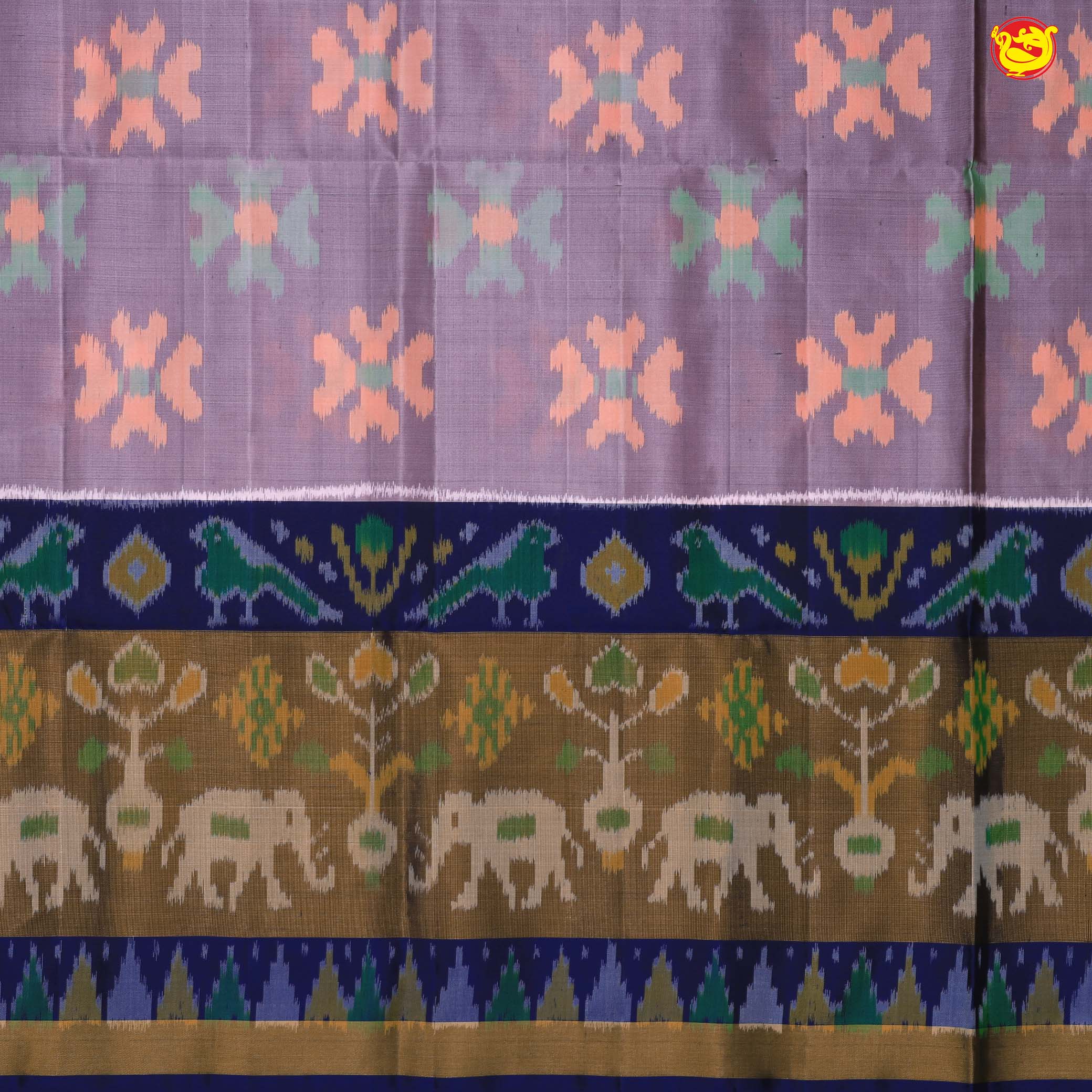 Pochampally Silk Saree Violet Shade and Navy Blue with Allover Ikat Weaves and Ikat Style Zari Woven Border