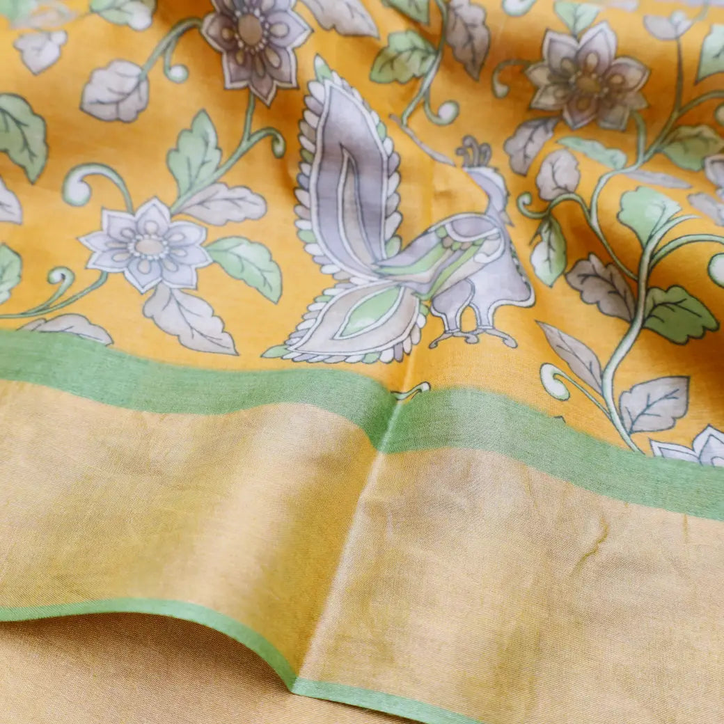 Pure Tussar Silk Saree Mustard Yellow Shade And Light Green With Floral Design and Painted Prints and Zari Woven Border