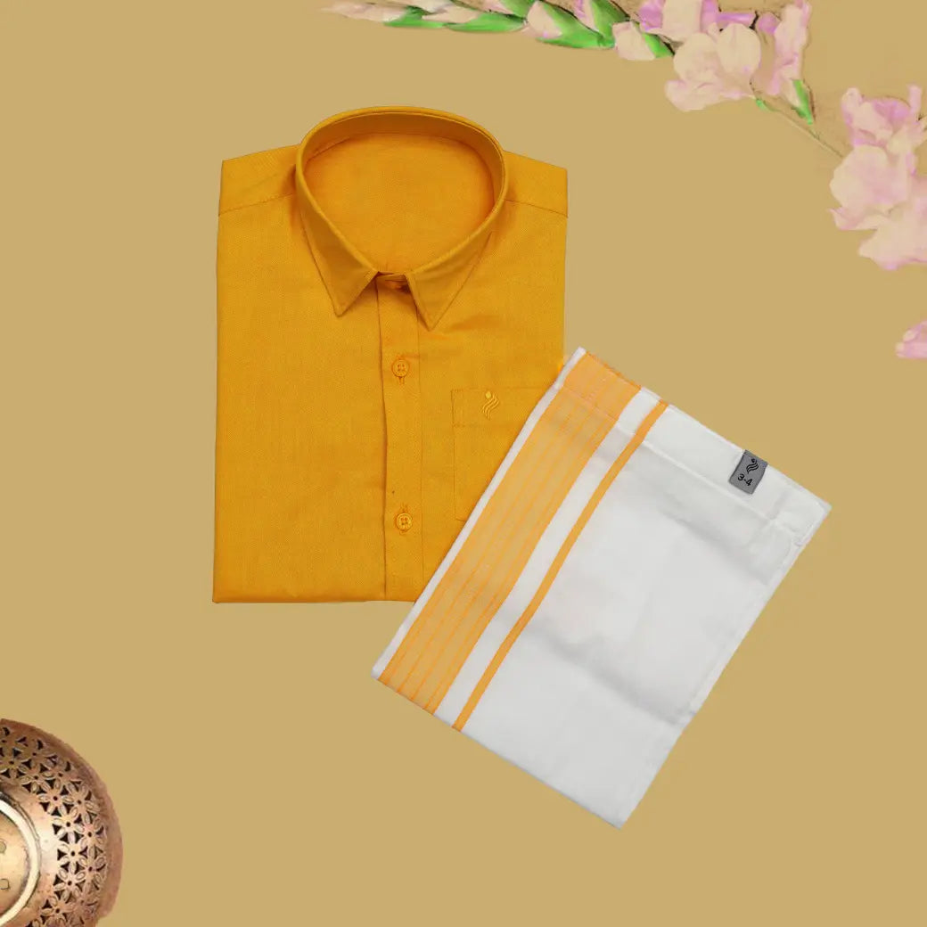 Yellow Cotton with Boy’s Readymade Shirt And Dhoti Set