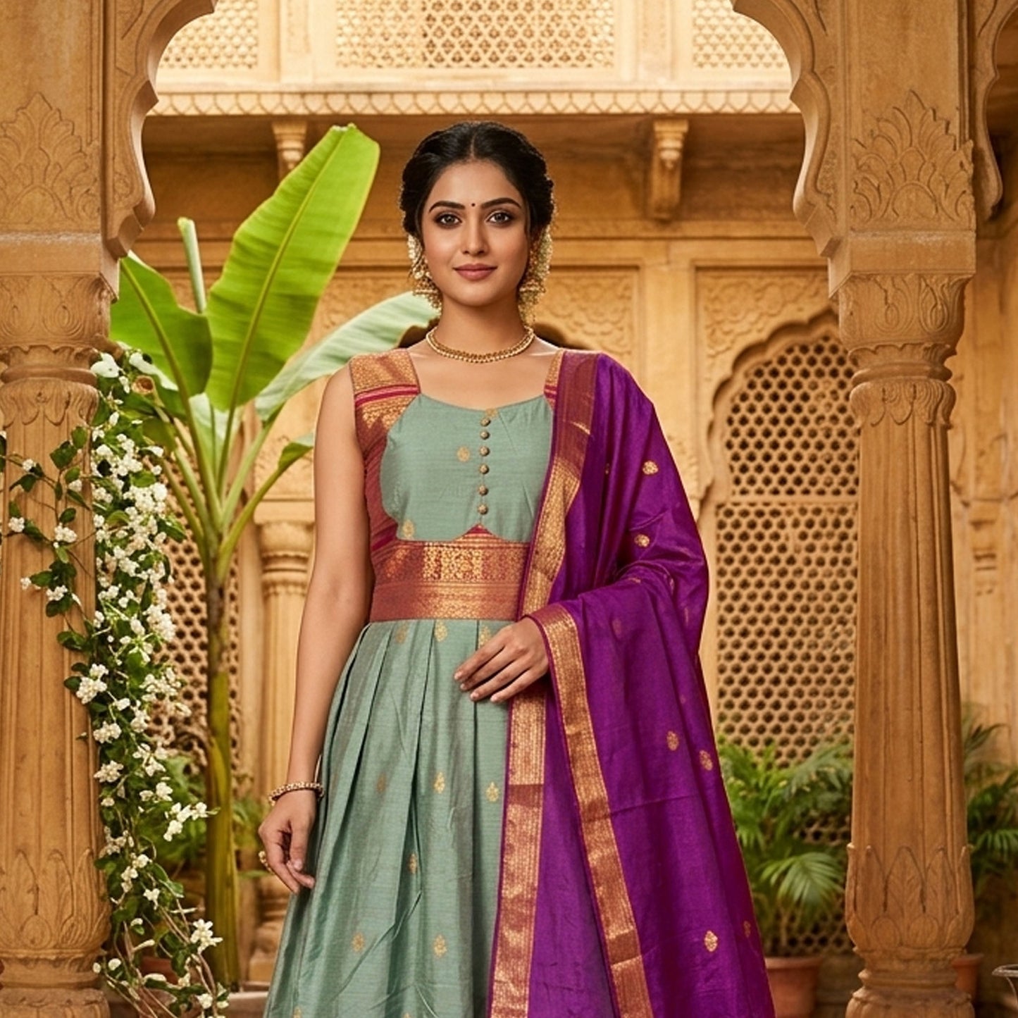 Light Green With Purple Trendy Ladies Ethnic Gowns