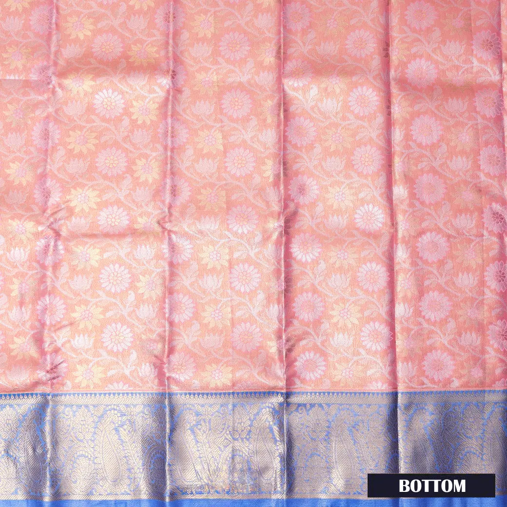 Peach With blue Border Floral Design Traditional Pattu Pavadai Material