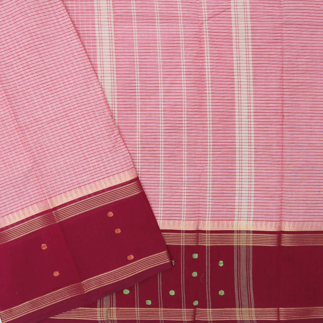 Light Pastel Pink with Maroon Small Checked Pattern Pure Chettinad Cotton Saree without Blouse