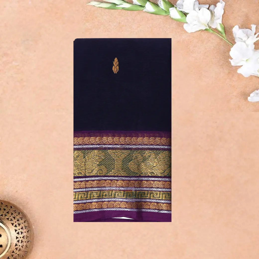 Navy Blue Cotton Saree without Blouse