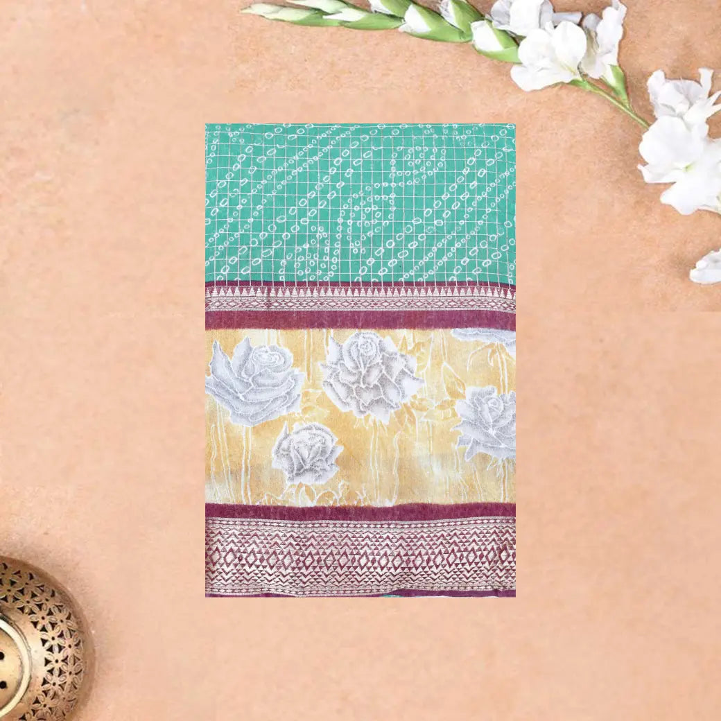 Bright Teal Green with Maroon Semi Chanderi Silk Saree
