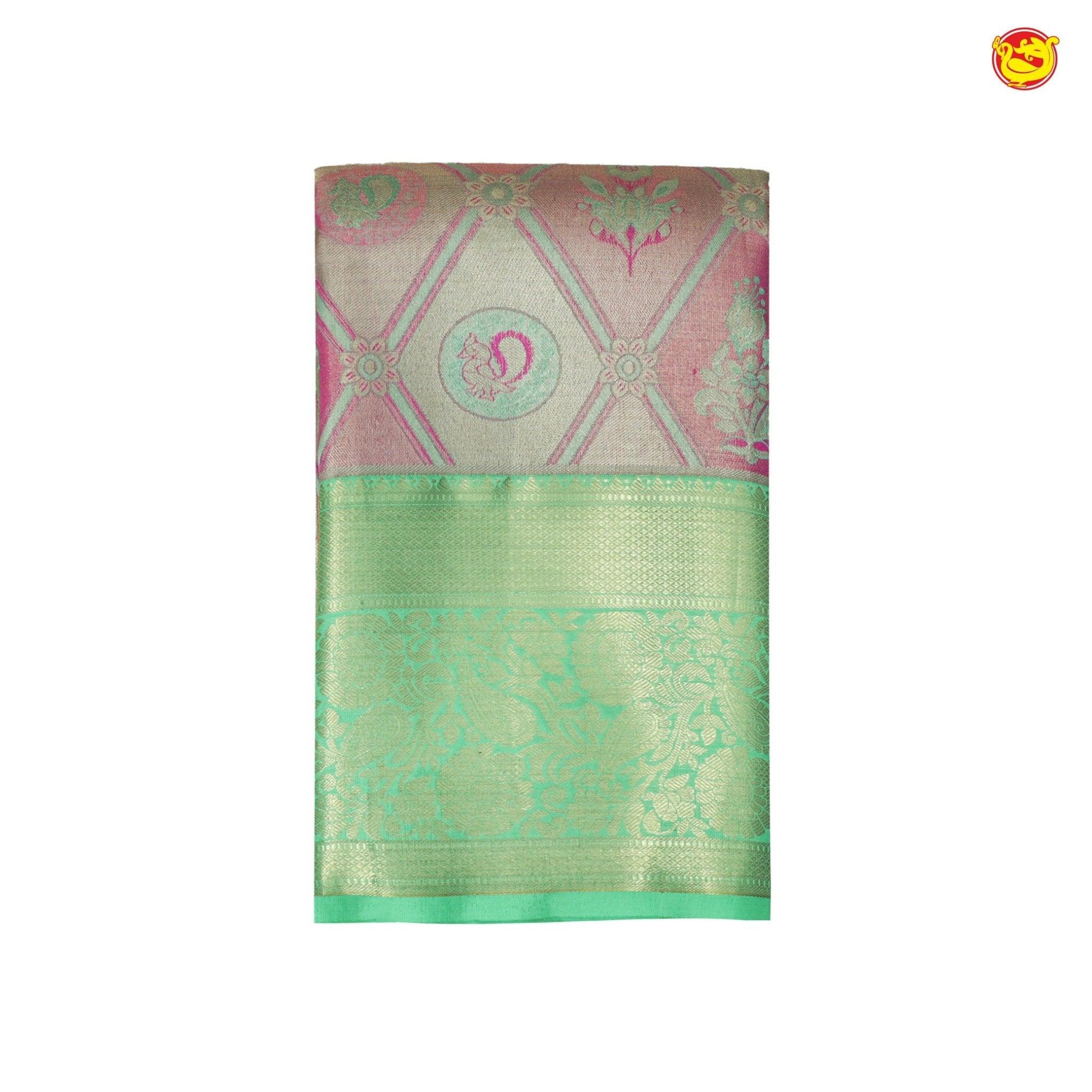Pink With Pista Green Floral Motifs Gold Zari Border Pure Kanjivaram Subhalaya Wedding Silk Saree - Thenianantham