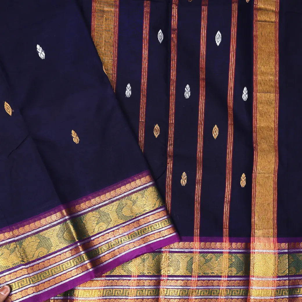 Navy Blue Cotton Saree without Blouse