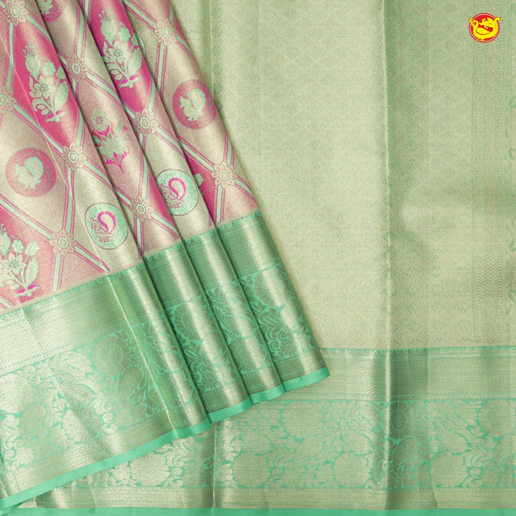 Pink With Pista Green Floral Motifs Gold Zari Border Pure Kanjivaram Subhalaya Wedding Silk Saree - Thenianantham