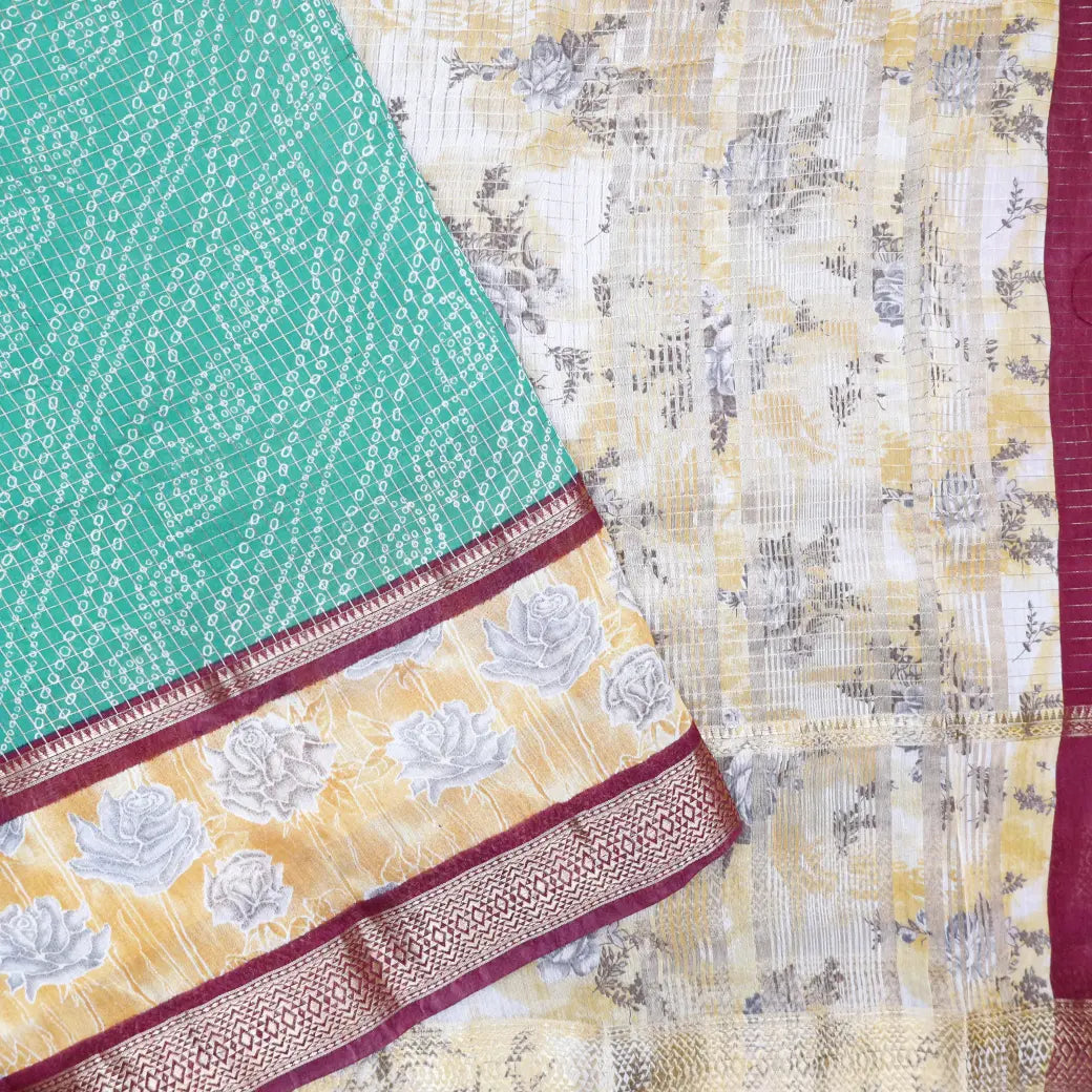 Bright Teal Green with Maroon Semi Chanderi Silk Saree