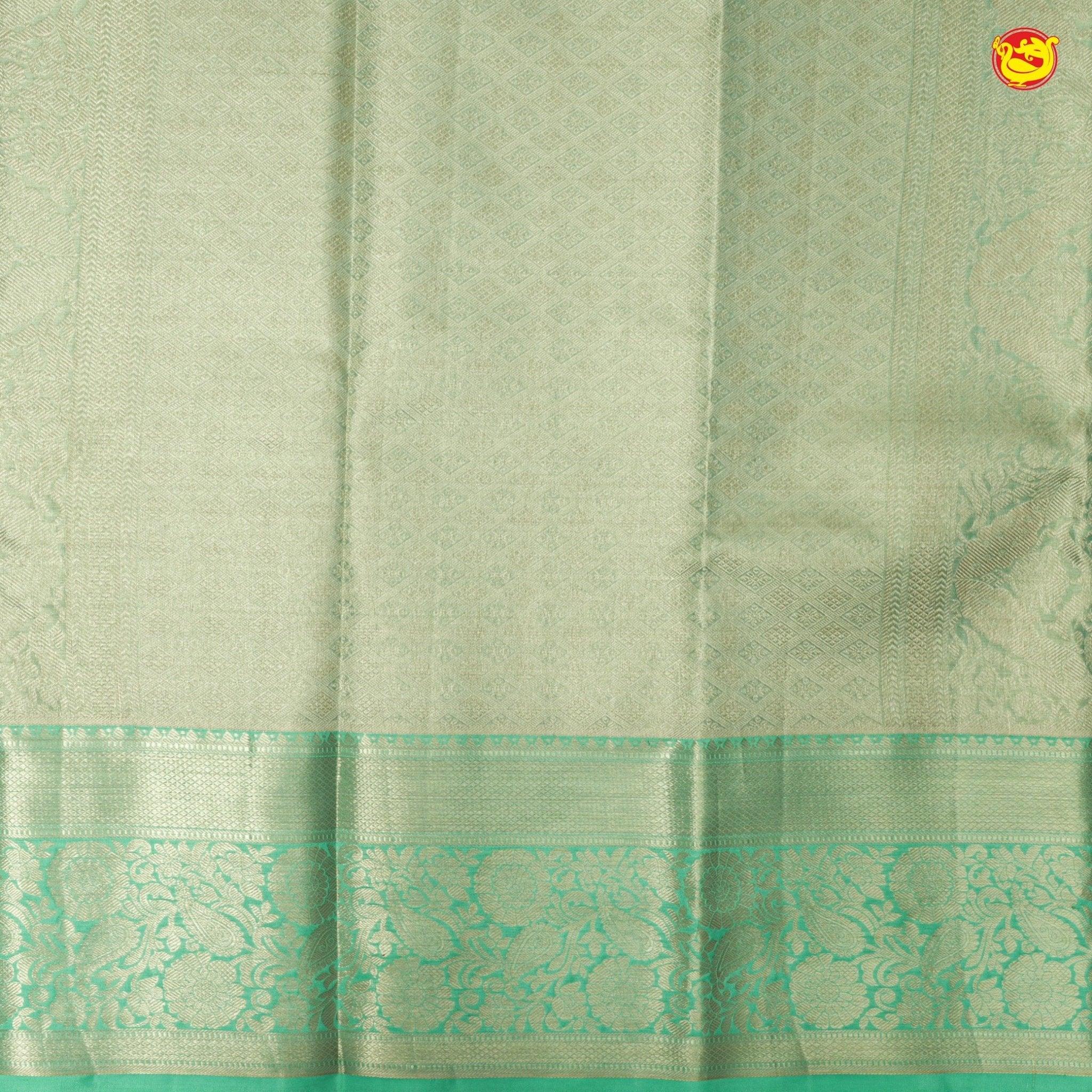 Pink With Pista Green Floral Motifs Gold Zari Border Pure Kanjivaram Subhalaya Wedding Silk Saree - Thenianantham