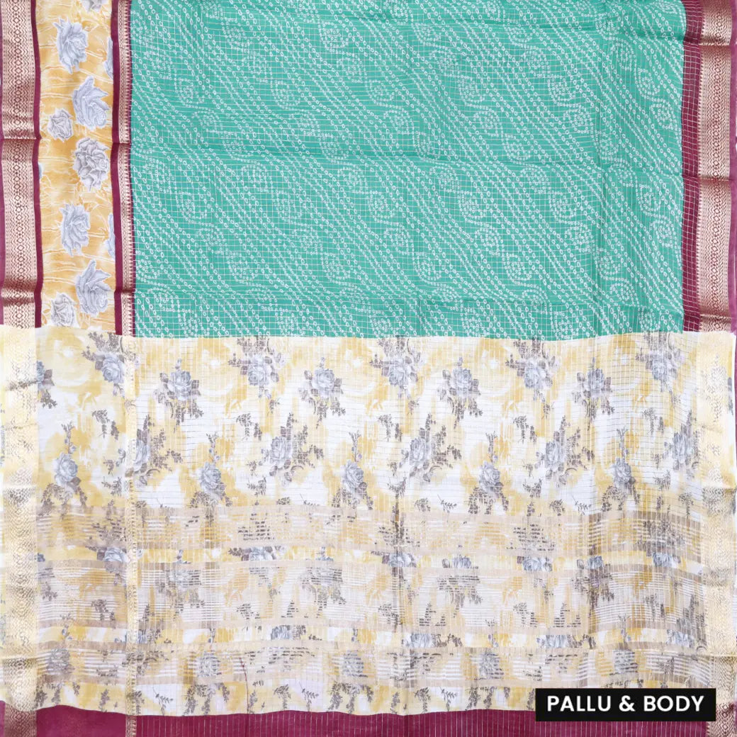 Bright Teal Green with Maroon Semi Chanderi Silk Saree
