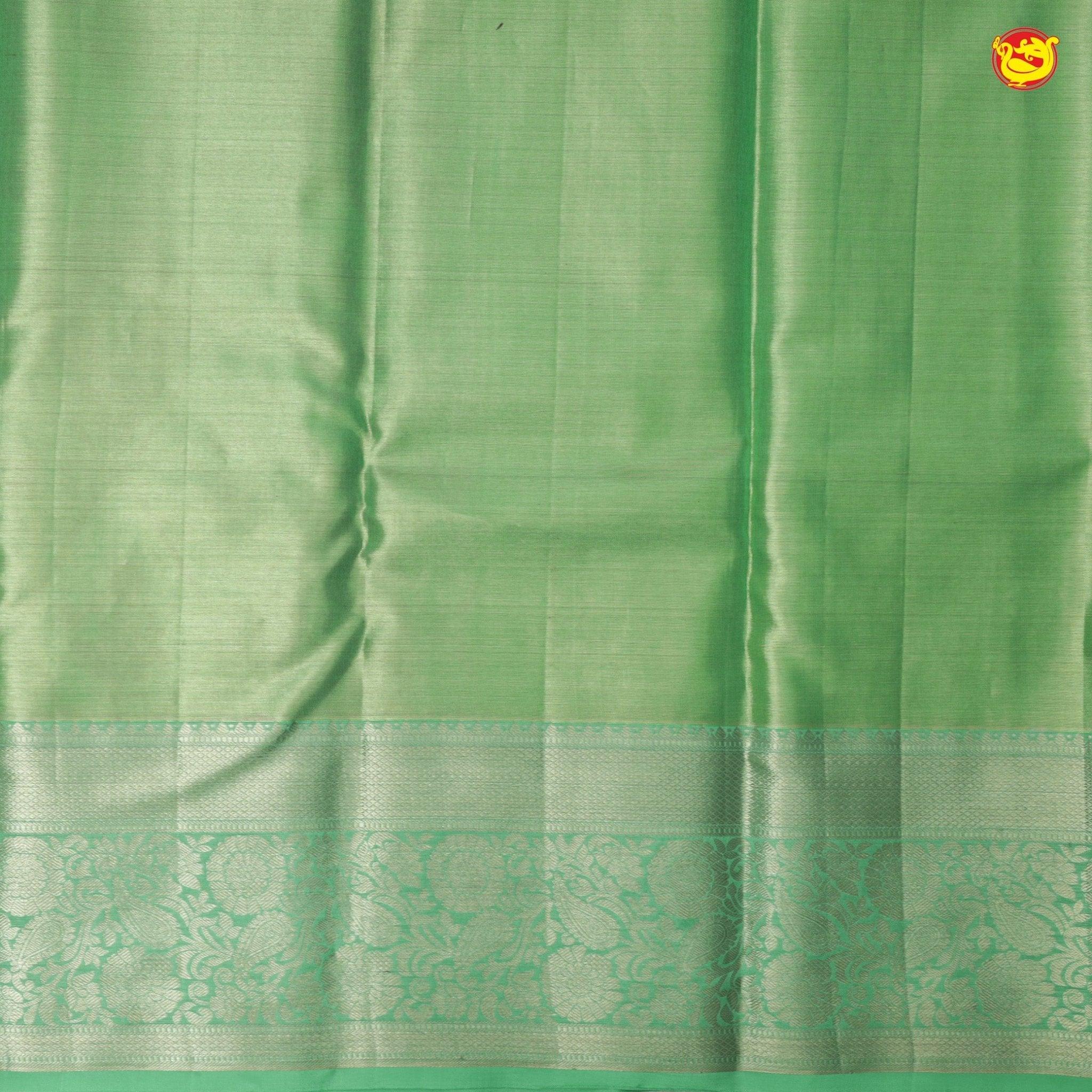 Pink With Pista Green Floral Motifs Gold Zari Border Pure Kanjivaram Subhalaya Wedding Silk Saree - Thenianantham