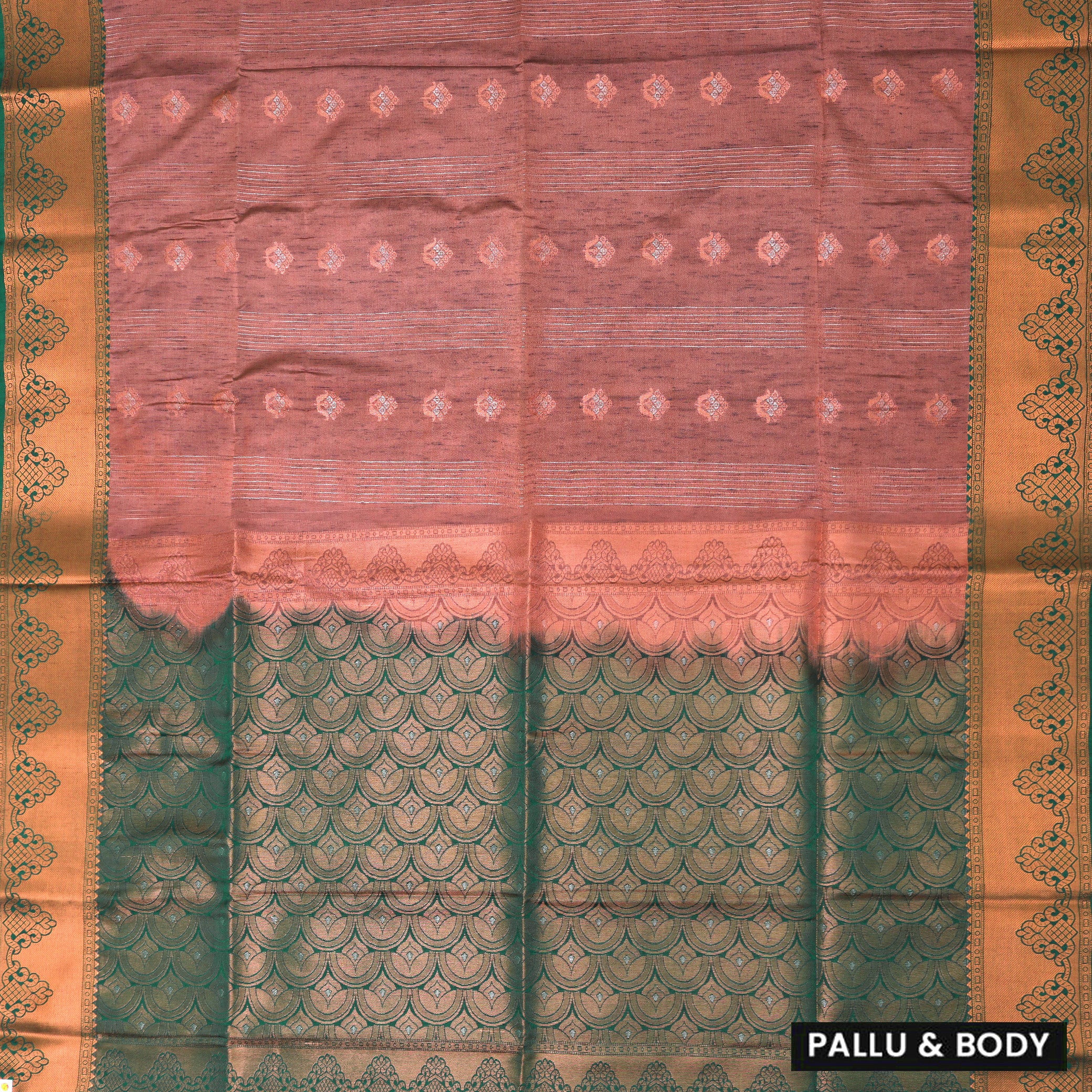 Peach with Forest Green Soft Silk Saree