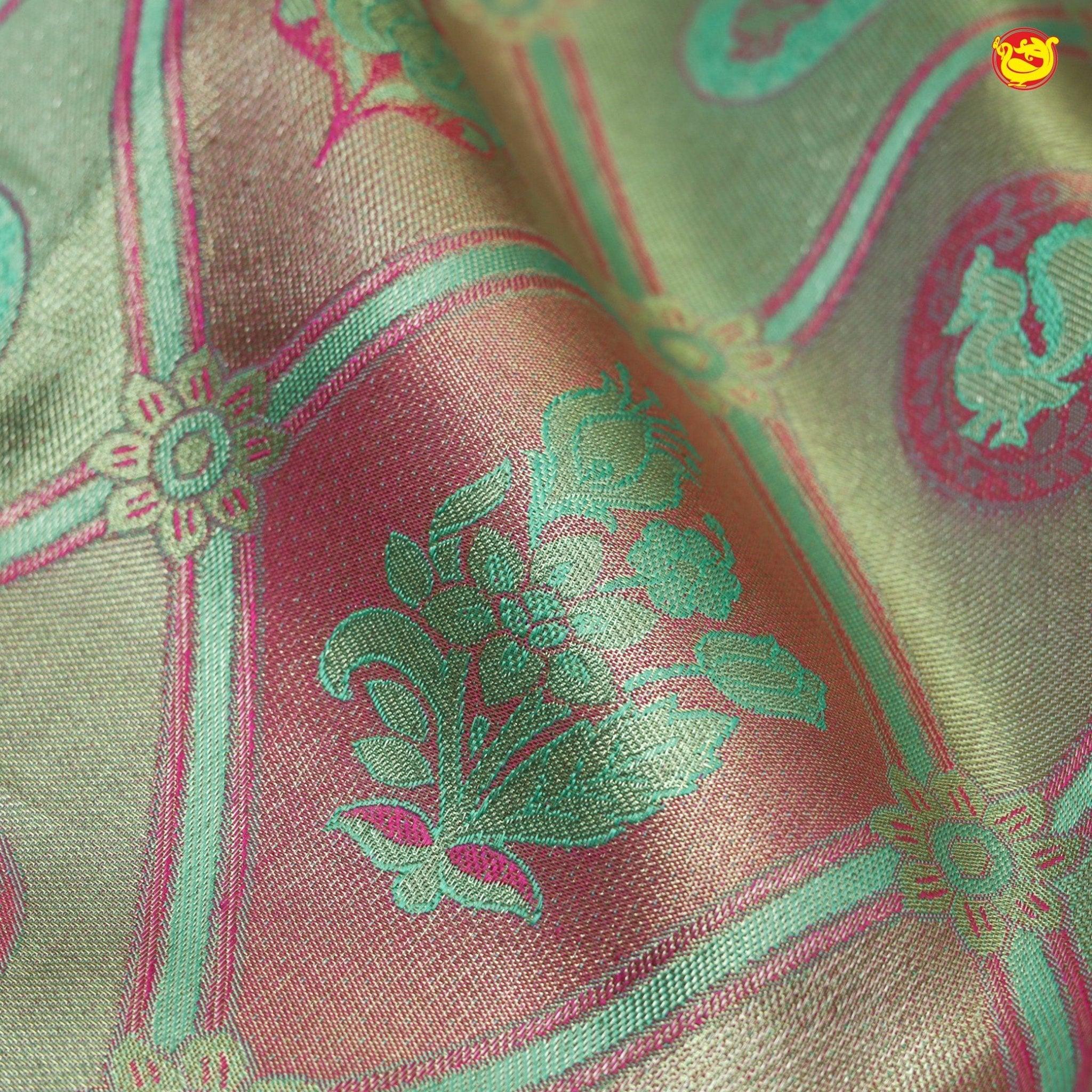 Pink With Pista Green Floral Motifs Gold Zari Border Pure Kanjivaram Subhalaya Wedding Silk Saree - Thenianantham