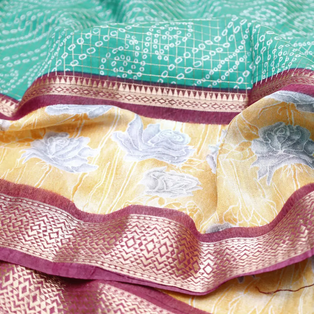 Bright Teal Green with Maroon Semi Chanderi Silk Saree