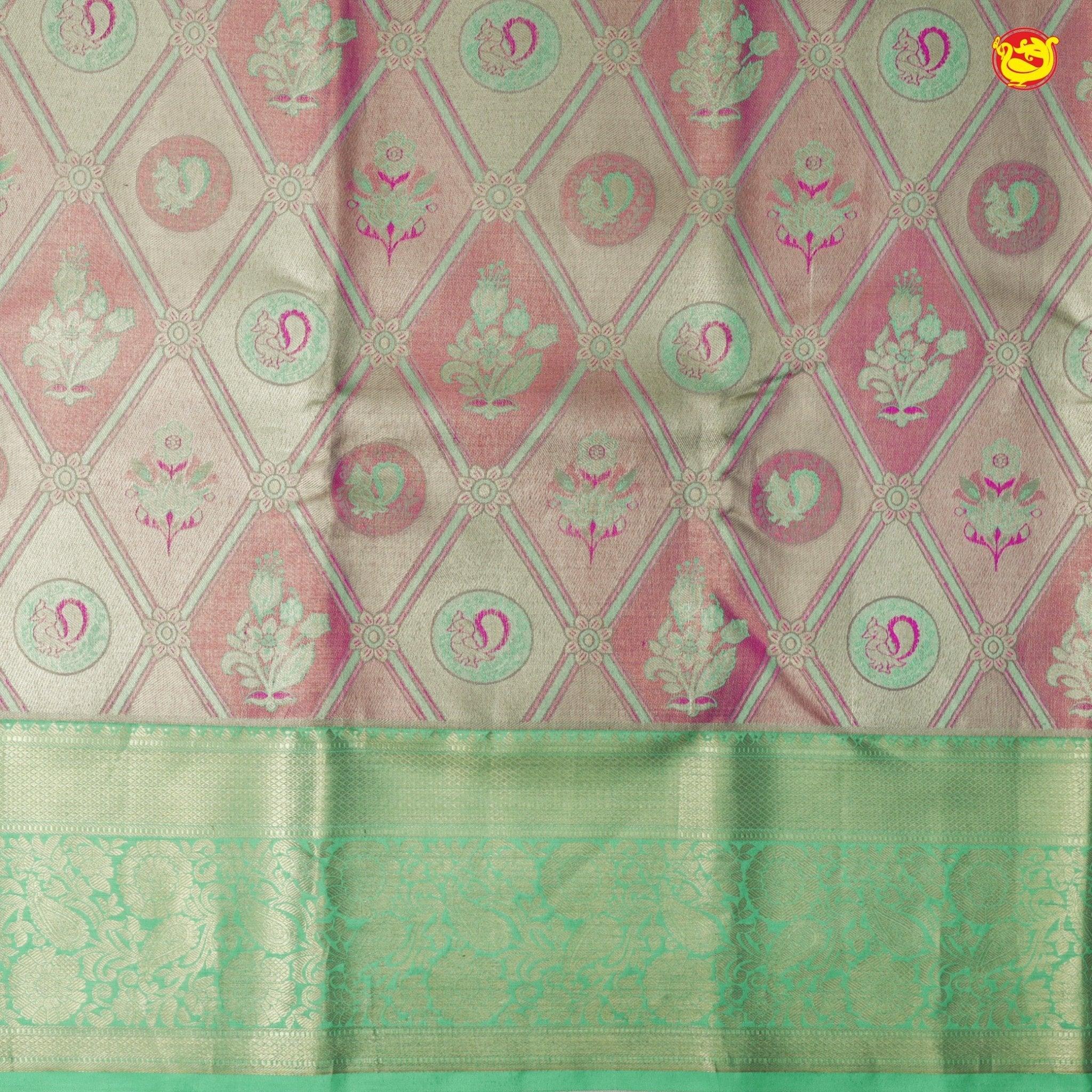Pink With Pista Green Floral Motifs Gold Zari Border Pure Kanjivaram Subhalaya Wedding Silk Saree - Thenianantham
