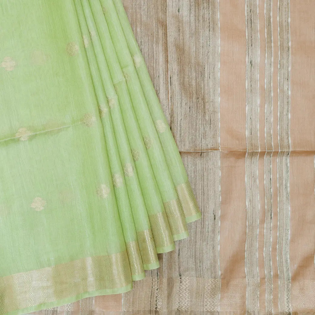 Cream with Light Green Art Tussar Saree