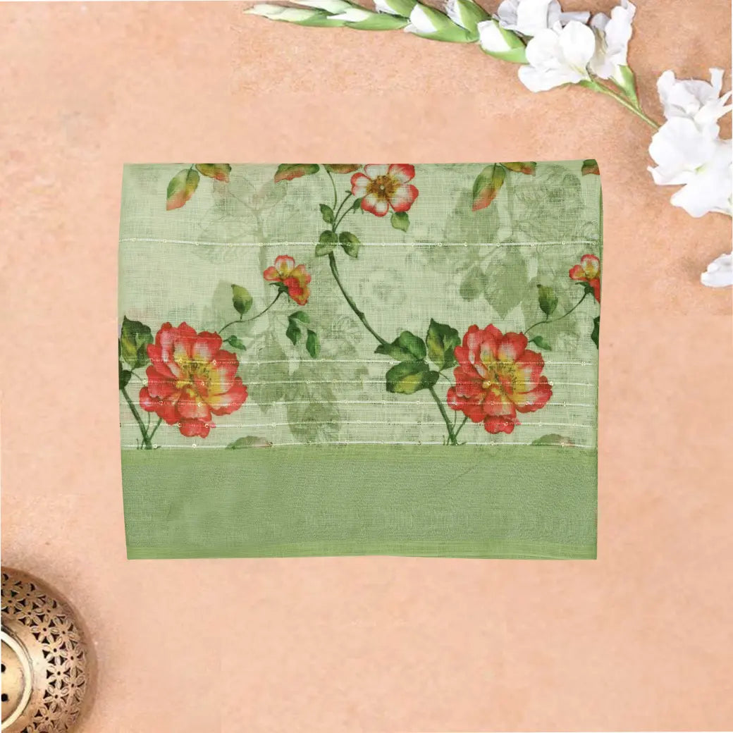 Light Green Floral Digital Printed Linen Saree