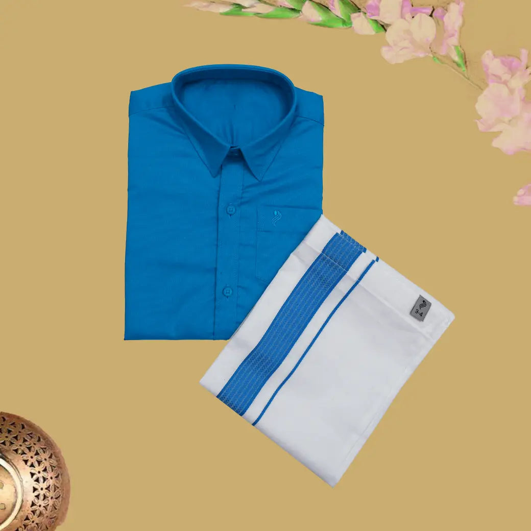 Blue Cotton with Boy’s Readymade Shirt And Dhoti Set