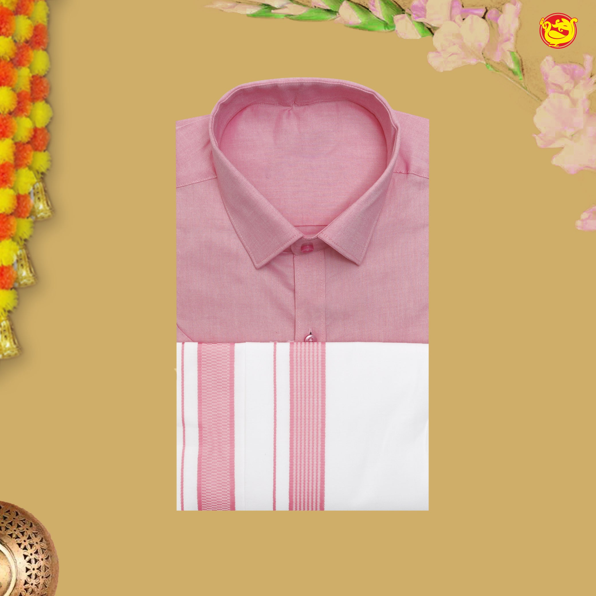 Pink With White Cotton Readymade Shirt and Double Matching Border Dhoti Set For Men