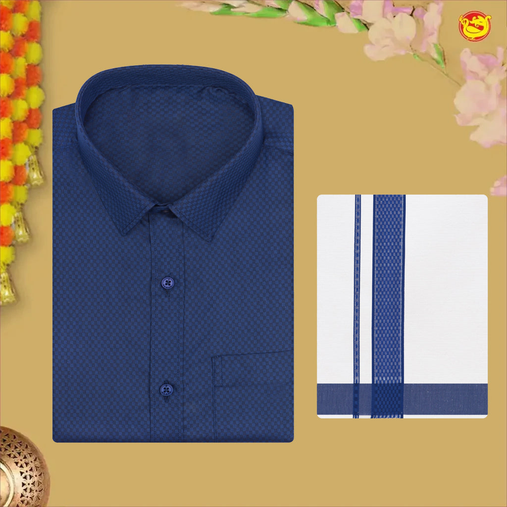 Navy Blue With White Dhoti Readymade Small Checked Shirt And Matching Border Dhoti Set for Men