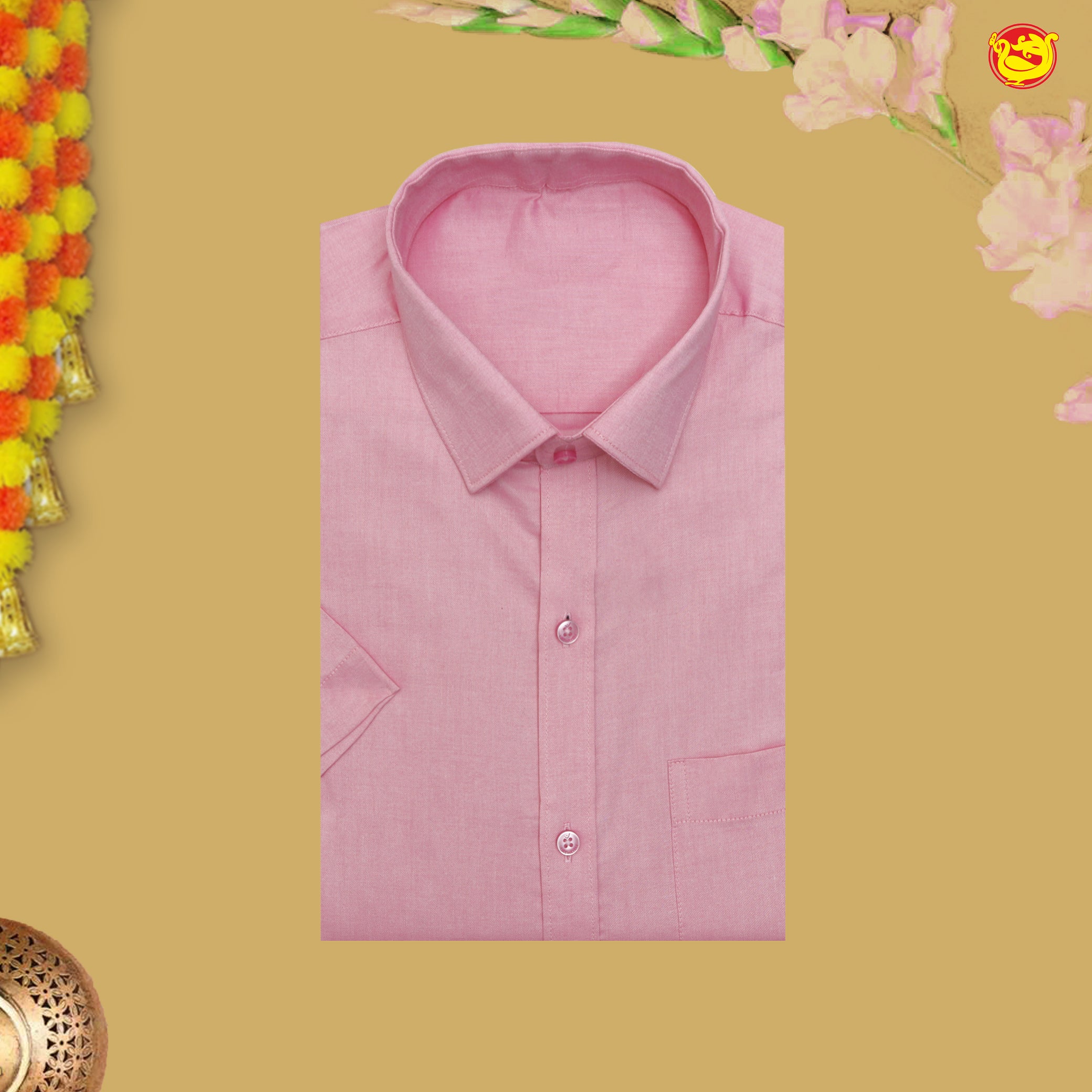 Pink With White Cotton Readymade Shirt and Double Matching Border Dhoti Set For Men