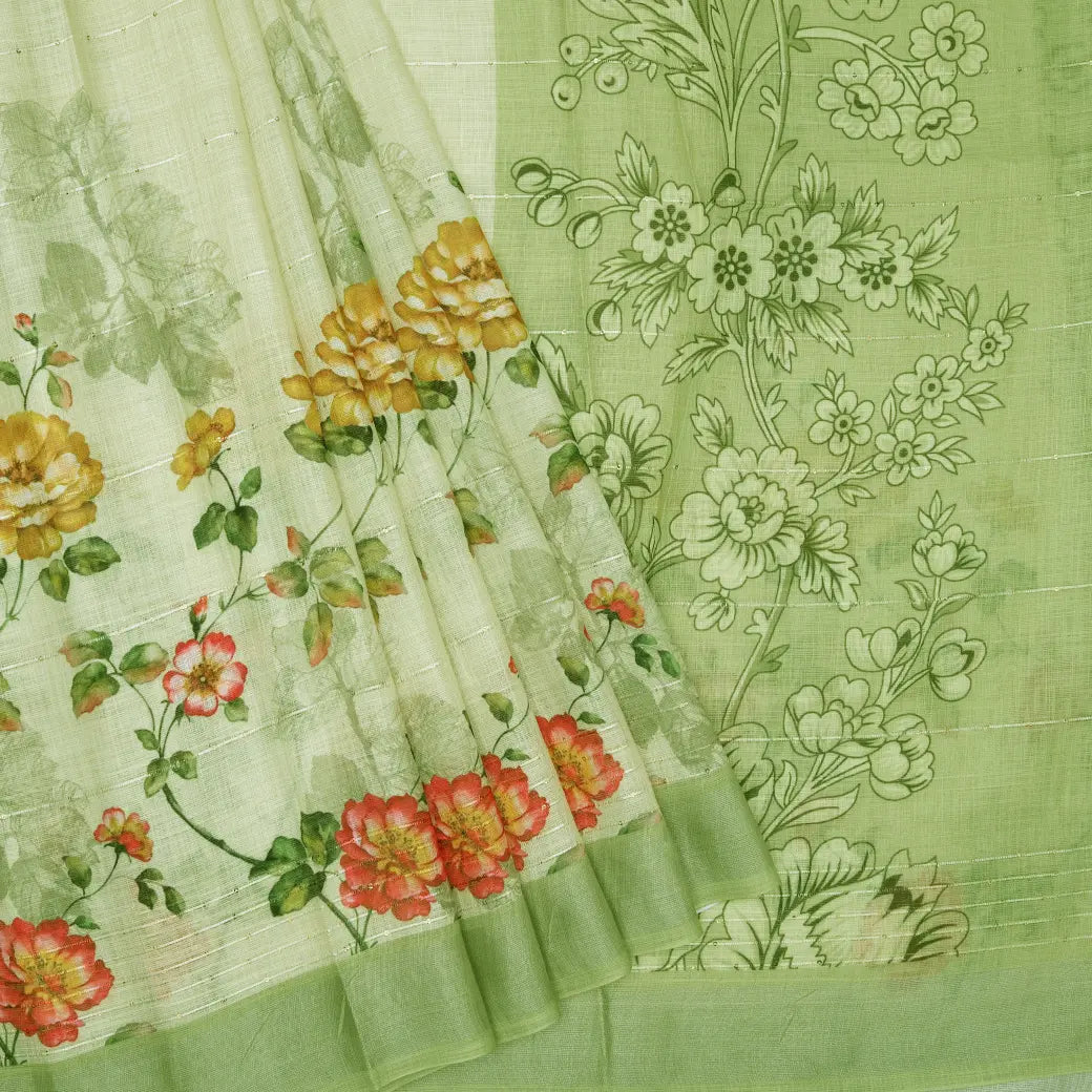 Light Green Floral Digital Printed Linen Saree
