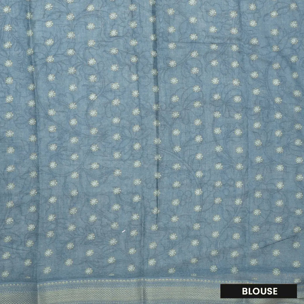 Off white with greyblue priented floral design Semi Chanderi Saree