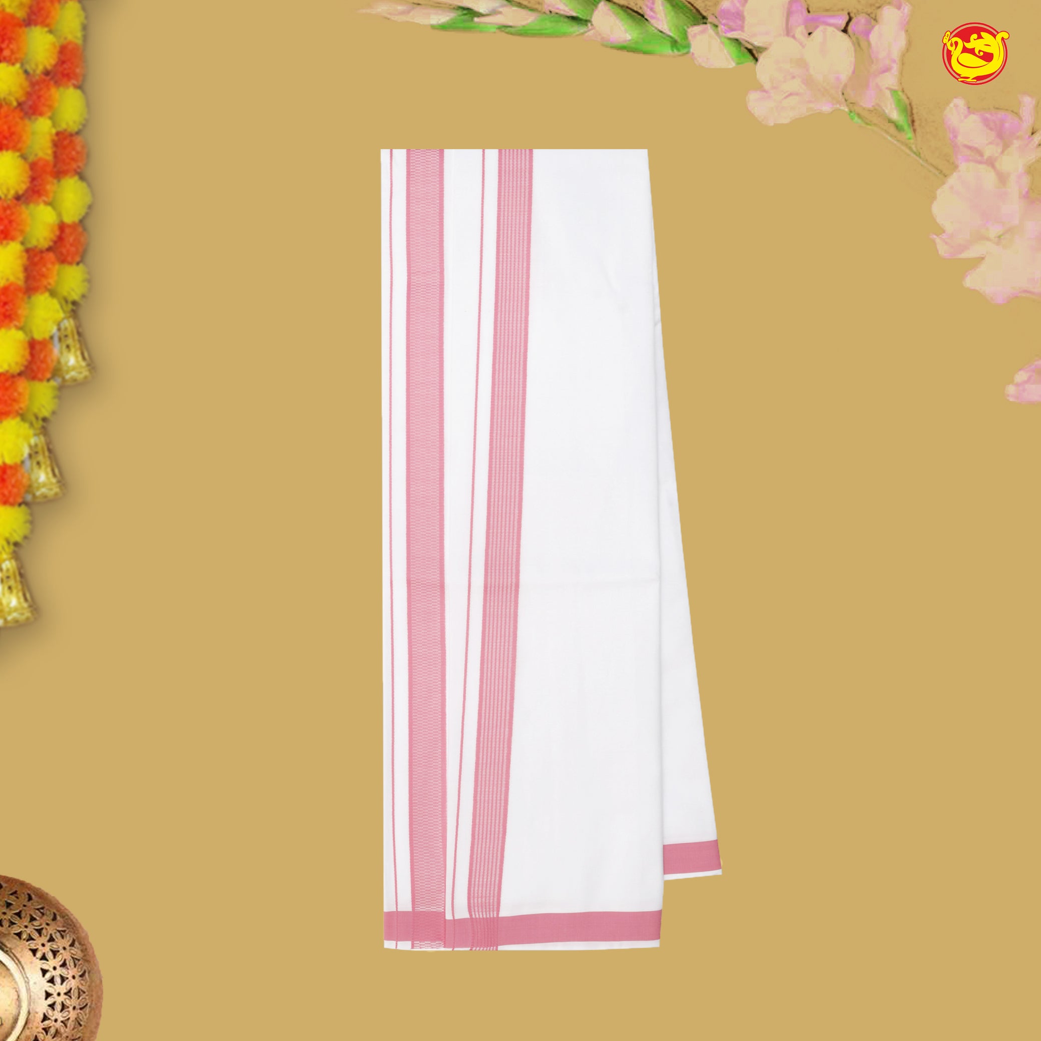 Pink With White Cotton Readymade Shirt and Double Matching Border Dhoti Set For Men